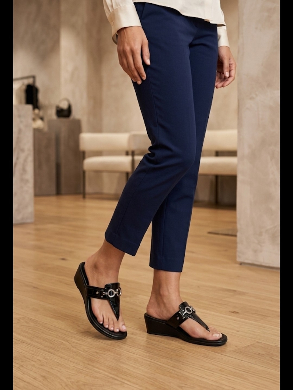 Unisa Black Patent Thong Sandals with Silver Chain Detail